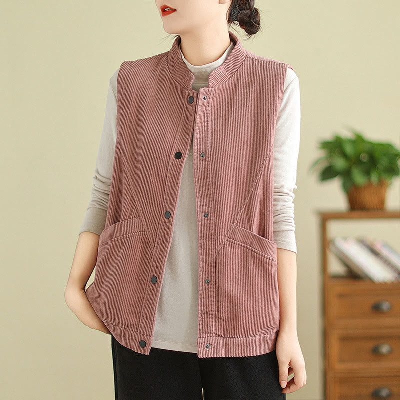 Plain Sleeveless Women's Cotton Vest Corduroy Waistcoat With Pockets