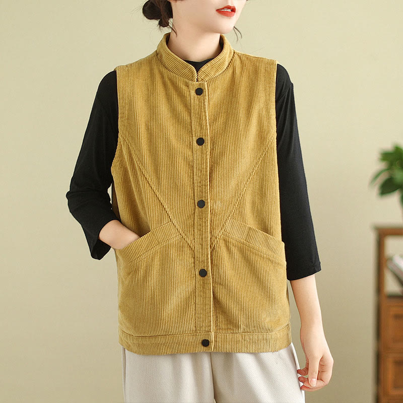 Plain Sleeveless Women's Cotton Vest Corduroy Waistcoat With Pockets