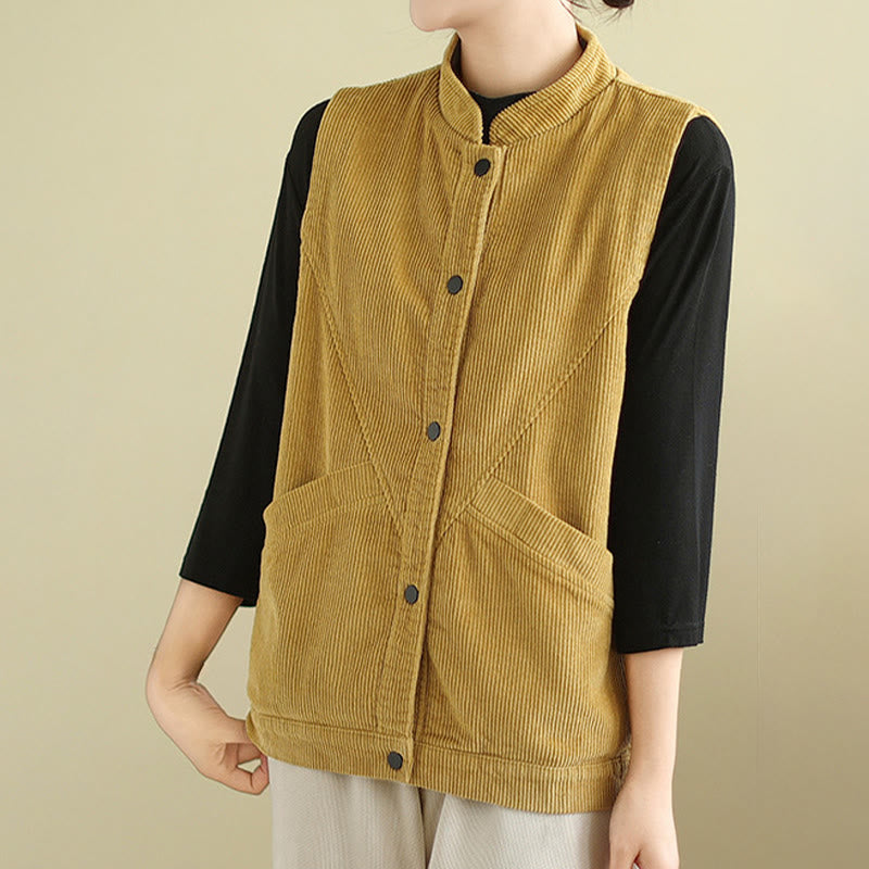 Plain Sleeveless Women's Cotton Vest Corduroy Waistcoat With Pockets
