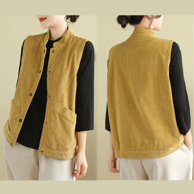 Plain Sleeveless Women's Cotton Vest Corduroy Waistcoat With Pockets