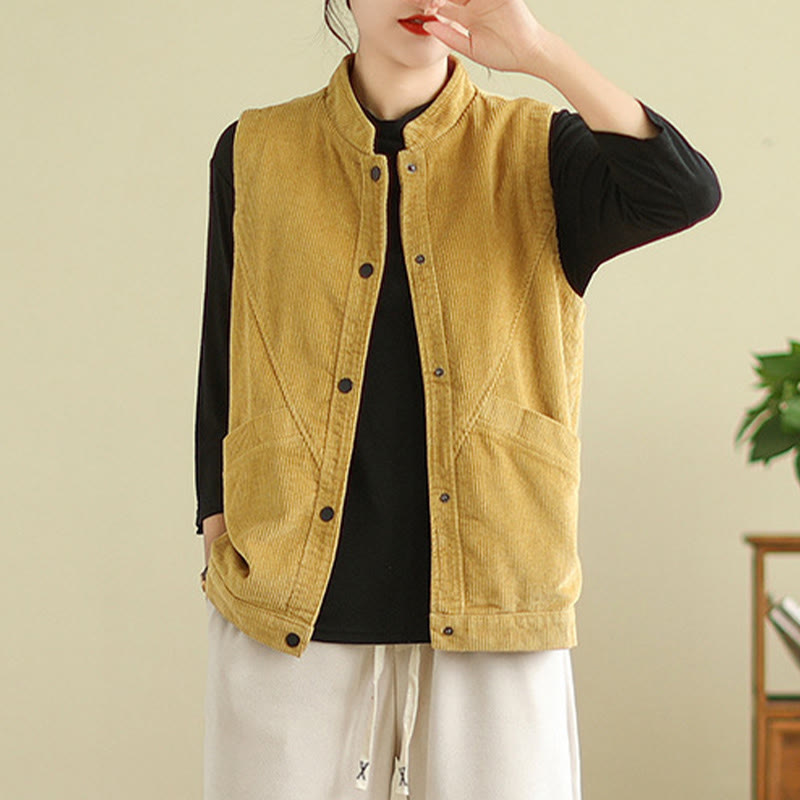 Plain Sleeveless Women's Cotton Vest Corduroy Waistcoat With Pockets
