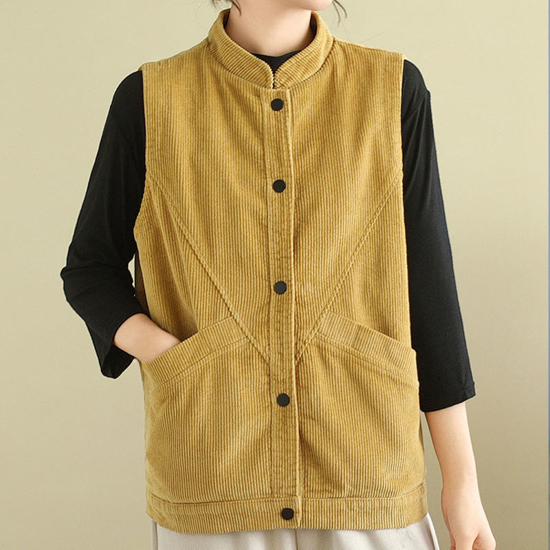 Plain Sleeveless Women's Cotton Vest Corduroy Waistcoat With Pockets