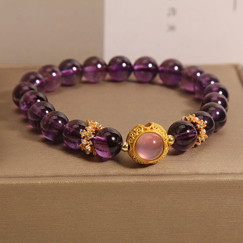 Natural Amethyst and Strawberry Quartz Beaded Bracelet with Copper and Pearl Accents