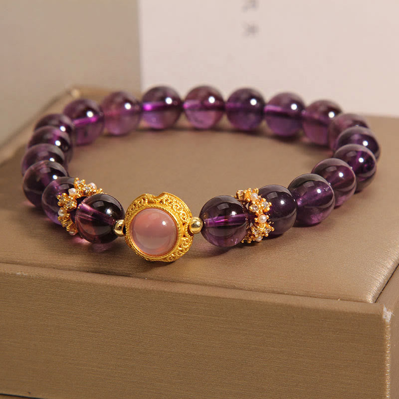 Natural Amethyst and Strawberry Quartz Beaded Bracelet with Copper and Pearl Accents