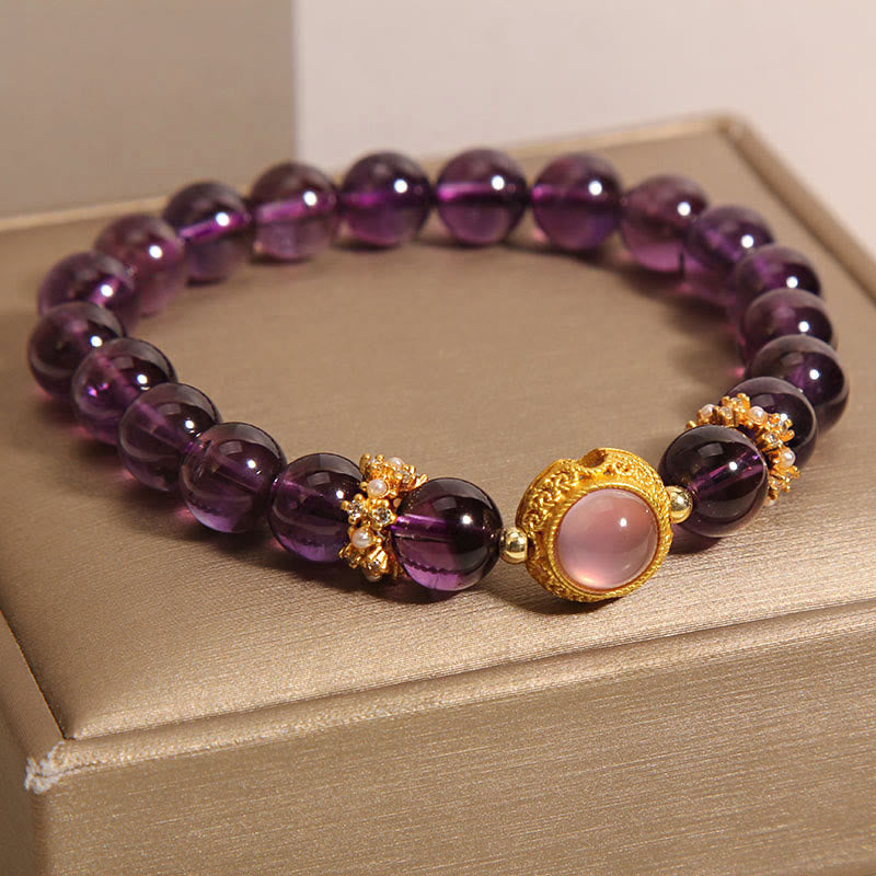 Natural Amethyst and Strawberry Quartz Beaded Bracelet with Copper and Pearl Accents