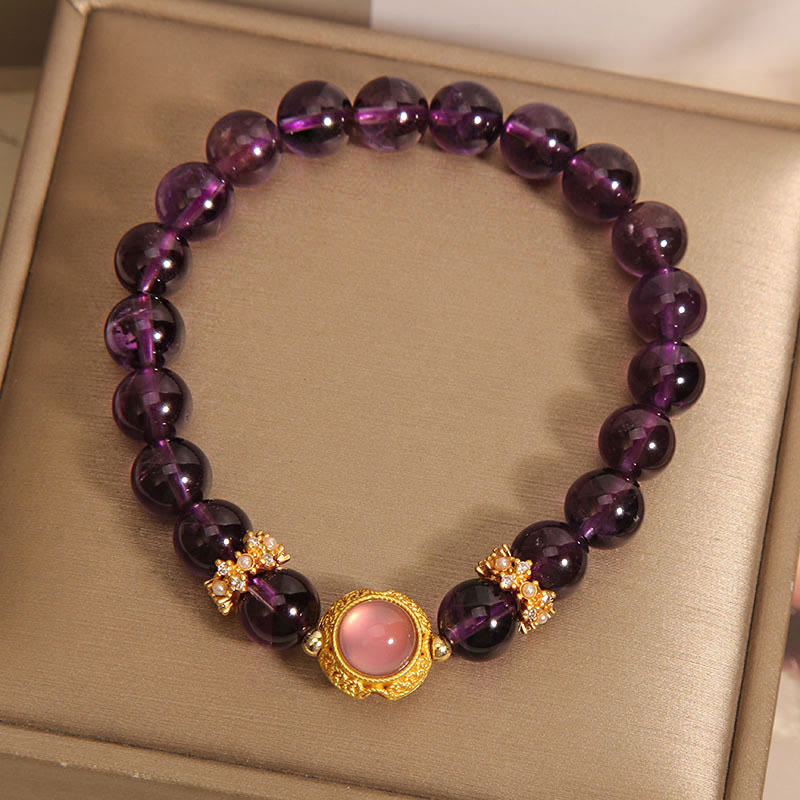 Natural Amethyst and Strawberry Quartz Beaded Bracelet with Copper and Pearl Accents