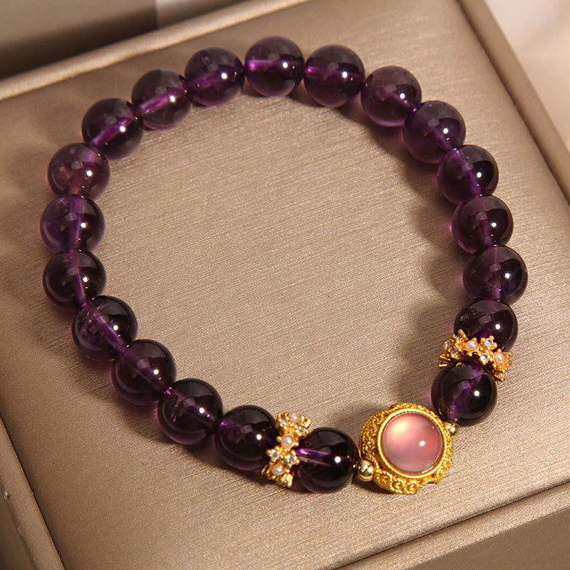 Natural Amethyst and Strawberry Quartz Beaded Bracelet with Copper and Pearl Accents