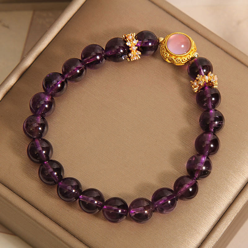 Natural Amethyst and Strawberry Quartz Beaded Bracelet with Copper and Pearl Accents