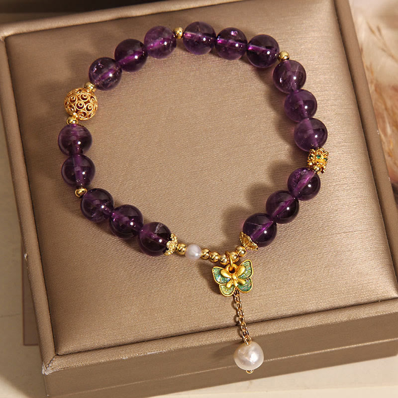 Natural Amethyst & Amber Green Butterfly Copper Pearl Bracelet