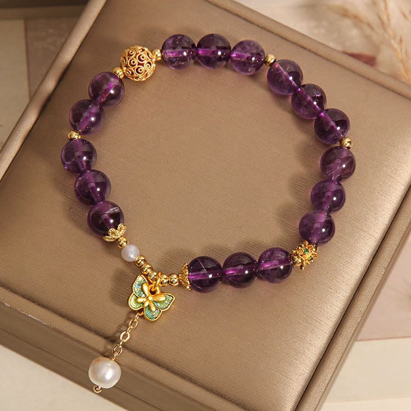 Natural Amethyst & Amber Green Butterfly Copper Pearl Bracelet