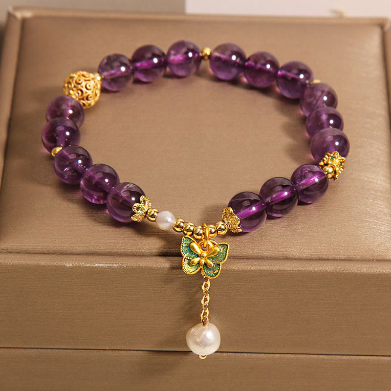 Natural Amethyst & Amber Green Butterfly Copper Pearl Bracelet