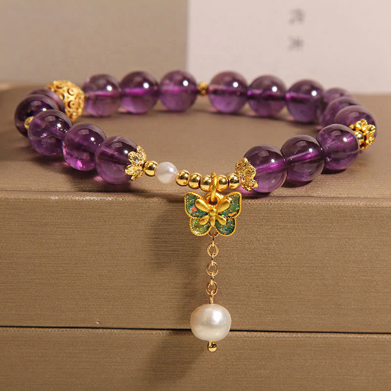 Natural Amethyst & Amber Green Butterfly Copper Pearl Bracelet