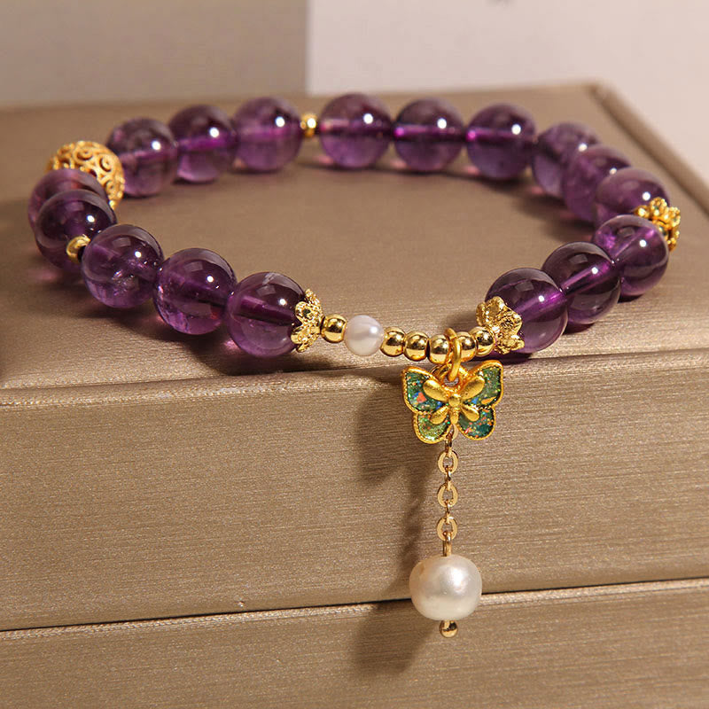 Natural Amethyst & Amber Green Butterfly Copper Pearl Bracelet