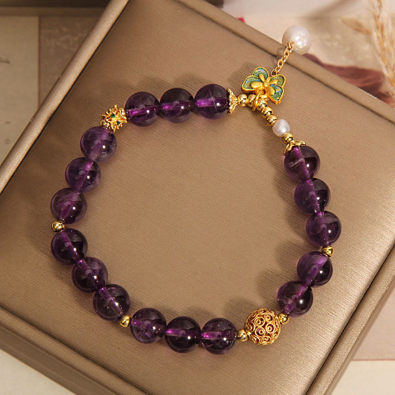 Natural Amethyst & Amber Green Butterfly Copper Pearl Bracelet