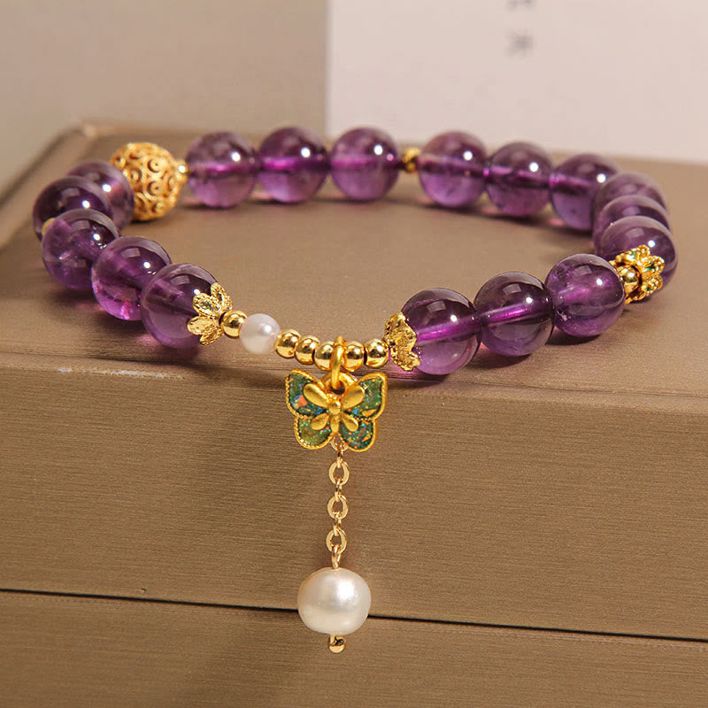 Natural Amethyst & Amber Green Butterfly Copper Pearl Bracelet