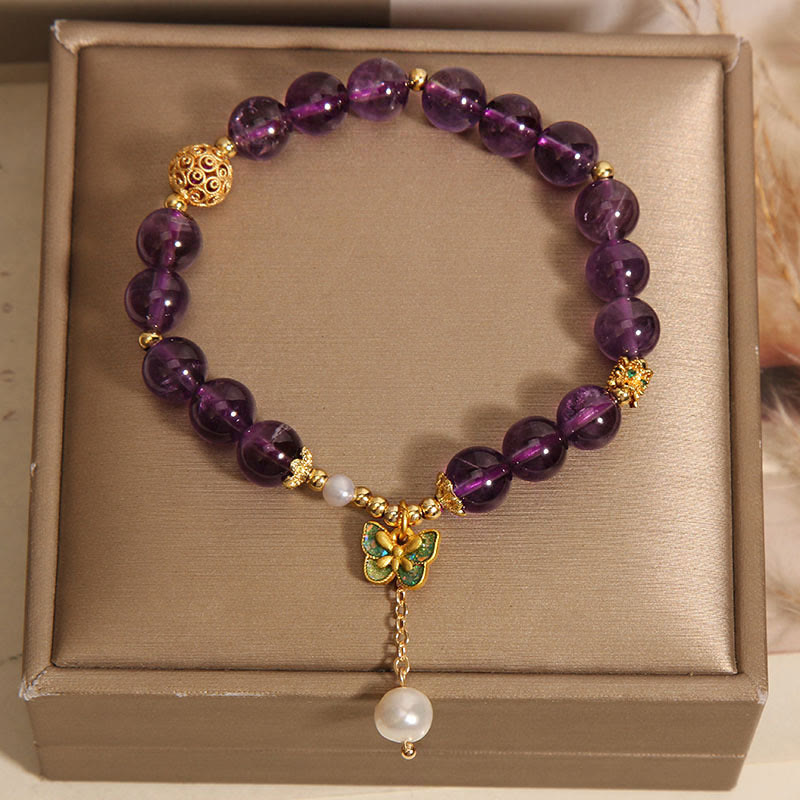 Natural Amethyst & Amber Green Butterfly Copper Pearl Bracelet