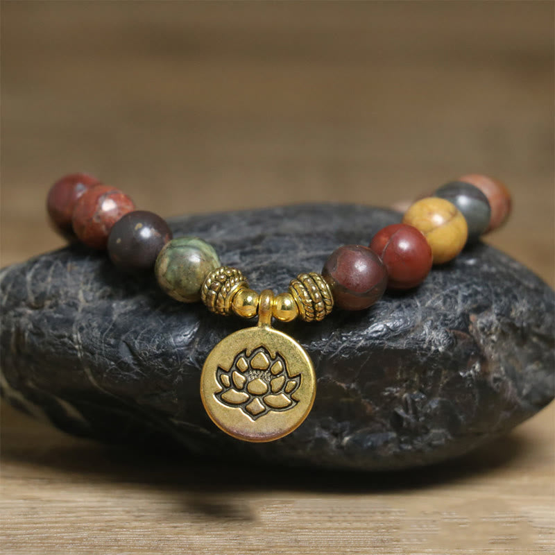 Natural Colorful Imperial Jasper Patterned Lotus Anti-Stress Bracelet