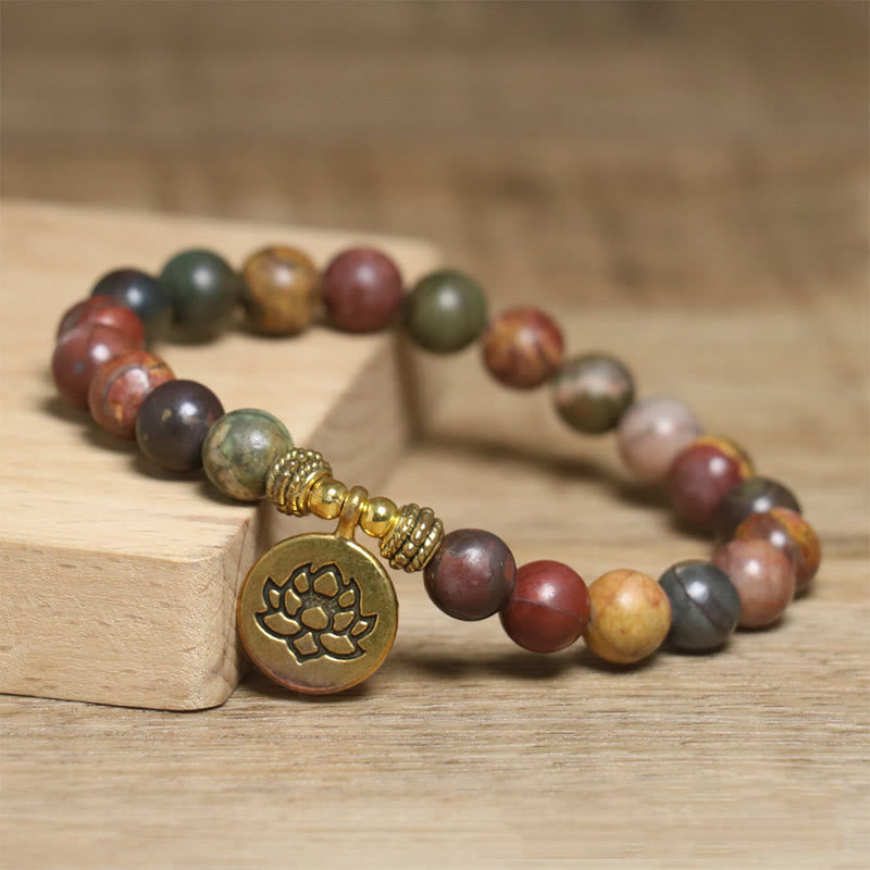 Natural Colorful Imperial Jasper Patterned Lotus Anti-Stress Bracelet