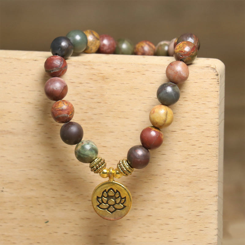 Natural Colorful Imperial Jasper Patterned Lotus Anti-Stress Bracelet