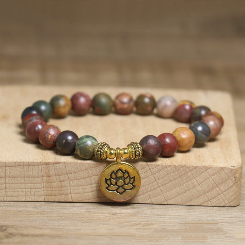 Natural Colorful Imperial Jasper Patterned Lotus Anti-Stress Bracelet