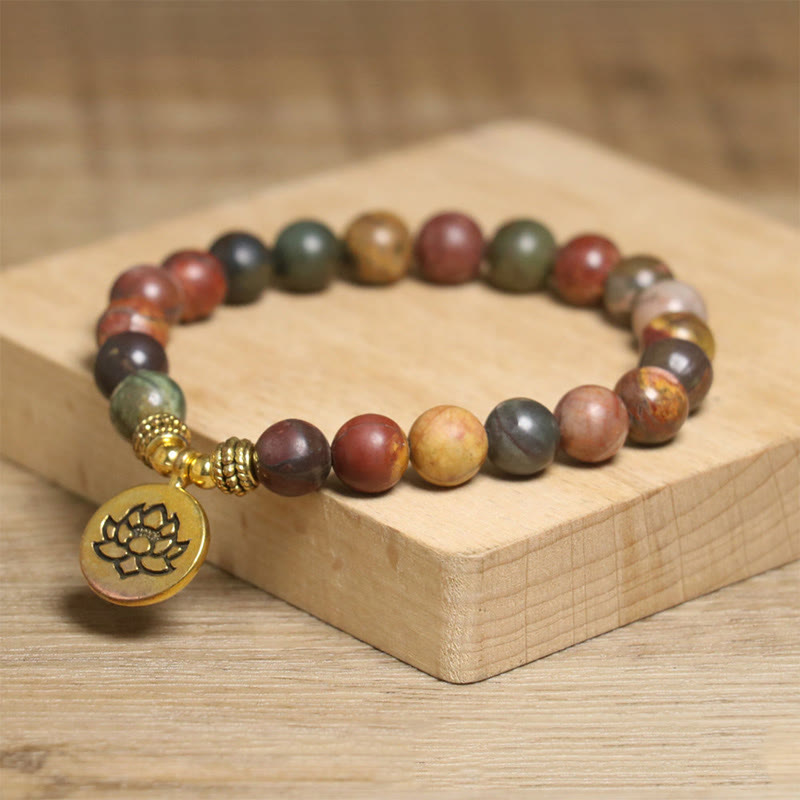 Natural Colorful Imperial Jasper Patterned Lotus Anti-Stress Bracelet