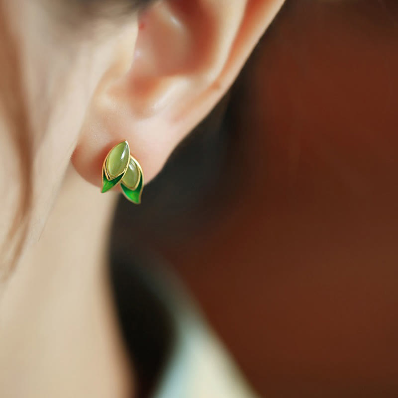 925 Sterling Silver Jade Leaf Prosperity Earrings