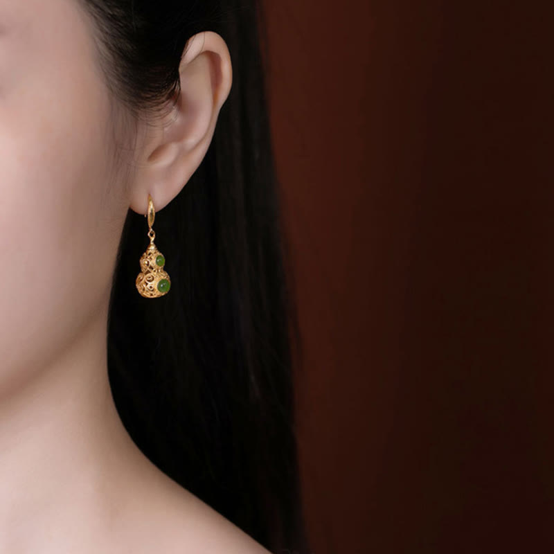 Copper Hollow Gourd Jade Prosperity Earrings