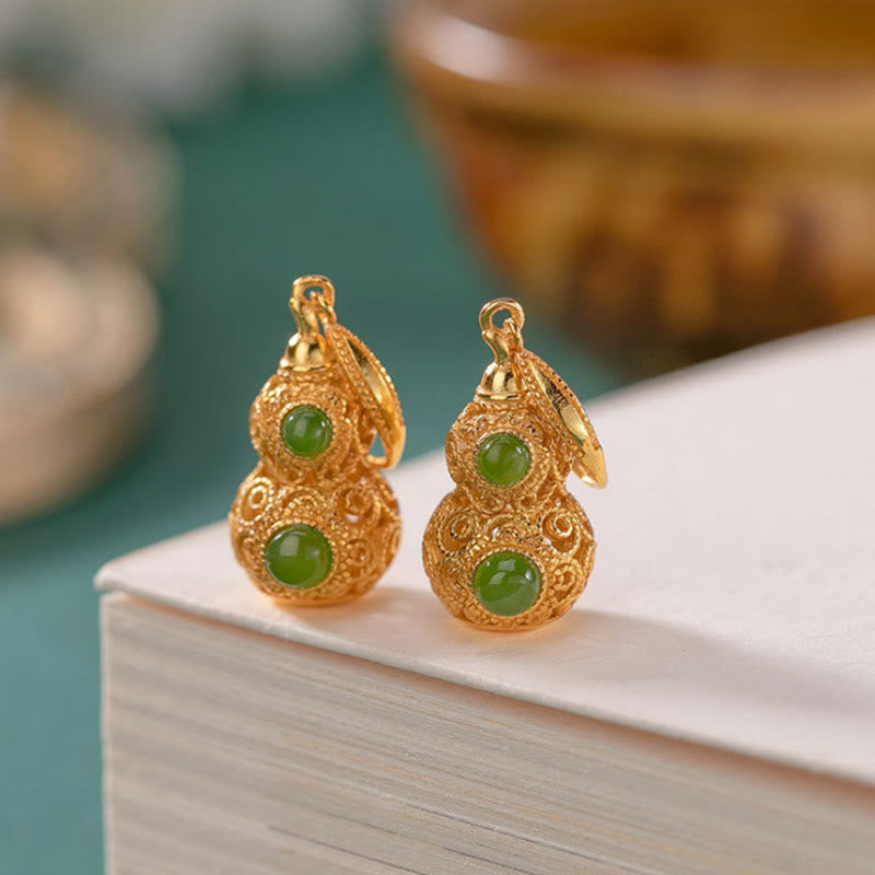 Copper Hollow Gourd Jade Prosperity Earrings