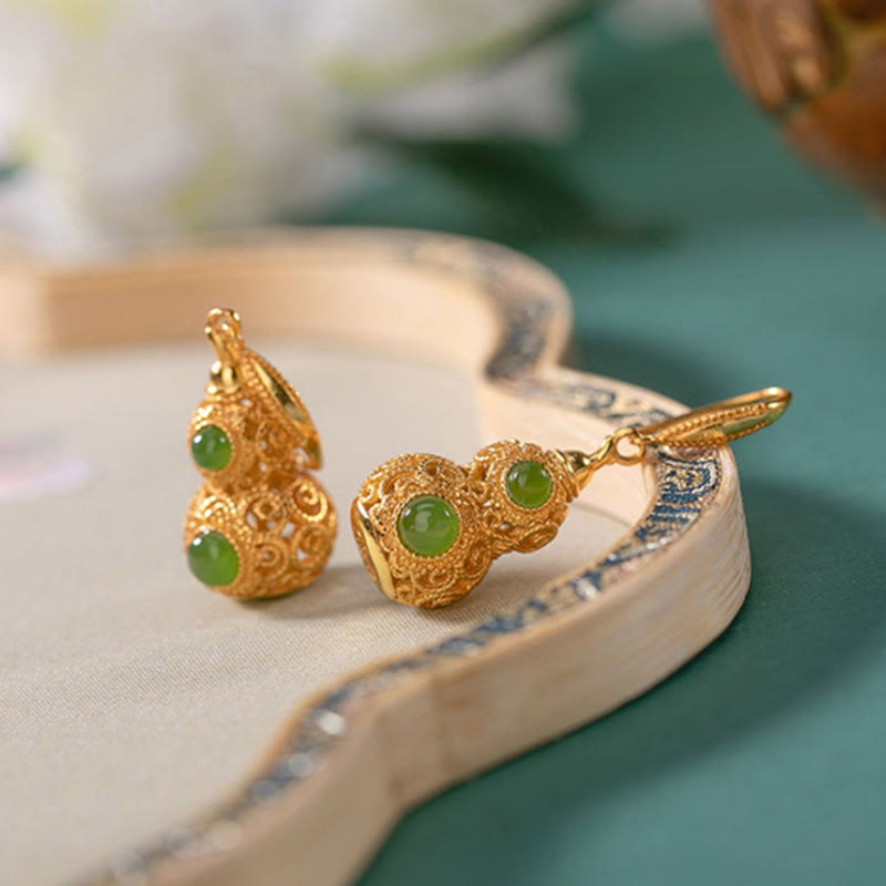 Copper Hollow Gourd Jade Prosperity Earrings