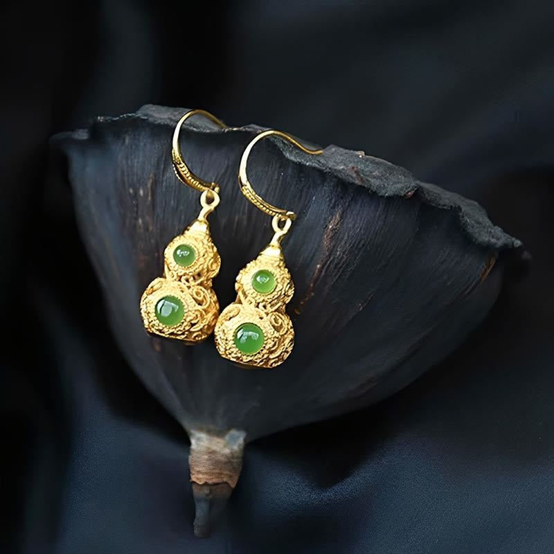 Copper Hollow Gourd Jade Prosperity Earrings
