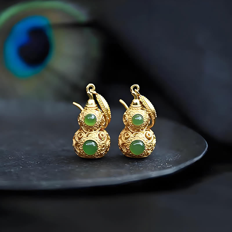 Copper Hollow Gourd Jade Prosperity Earrings