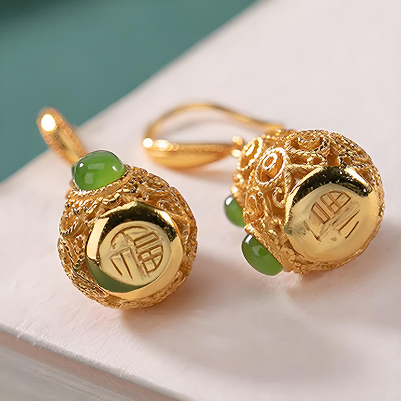 Copper Hollow Gourd Jade Prosperity Earrings