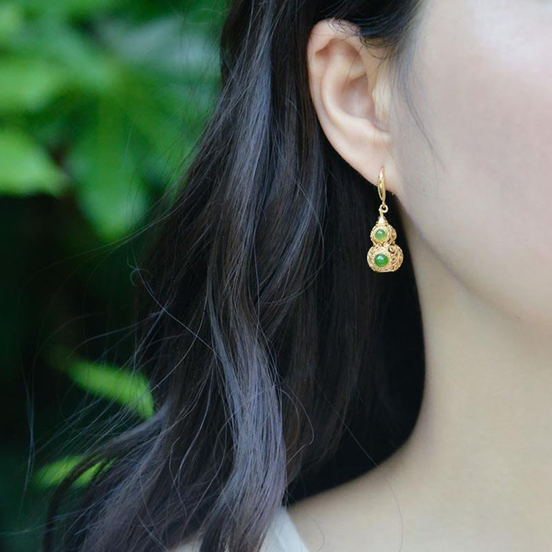Copper Hollow Gourd Jade Prosperity Earrings