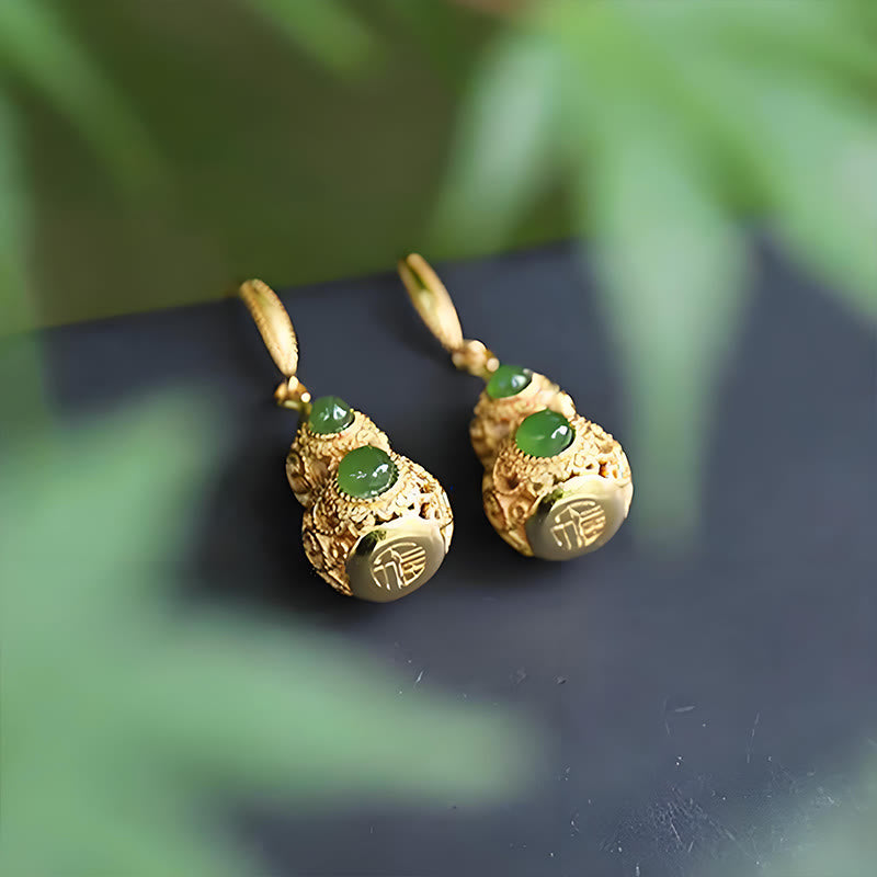 Copper Hollow Gourd Jade Prosperity Earrings