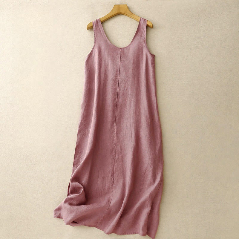 Summer Daily Casual Pure Color Crew Neck Simple Design Sleeveless Midi Dress