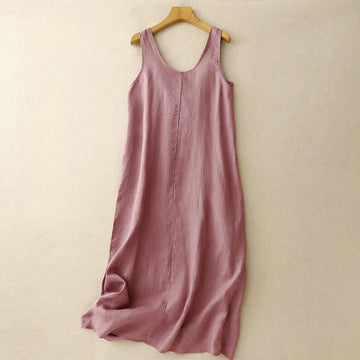 Summer Daily Casual Pure Color Crew Neck Simple Design Sleeveless Midi Dress