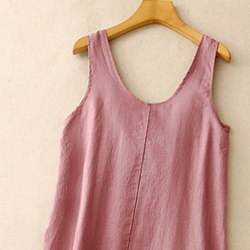Summer Daily Casual Pure Color Crew Neck Simple Design Sleeveless Midi Dress