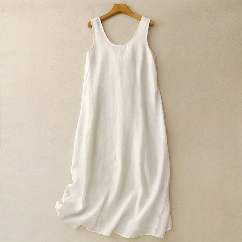 Summer Daily Casual Pure Color Crew Neck Simple Design Sleeveless Midi Dress