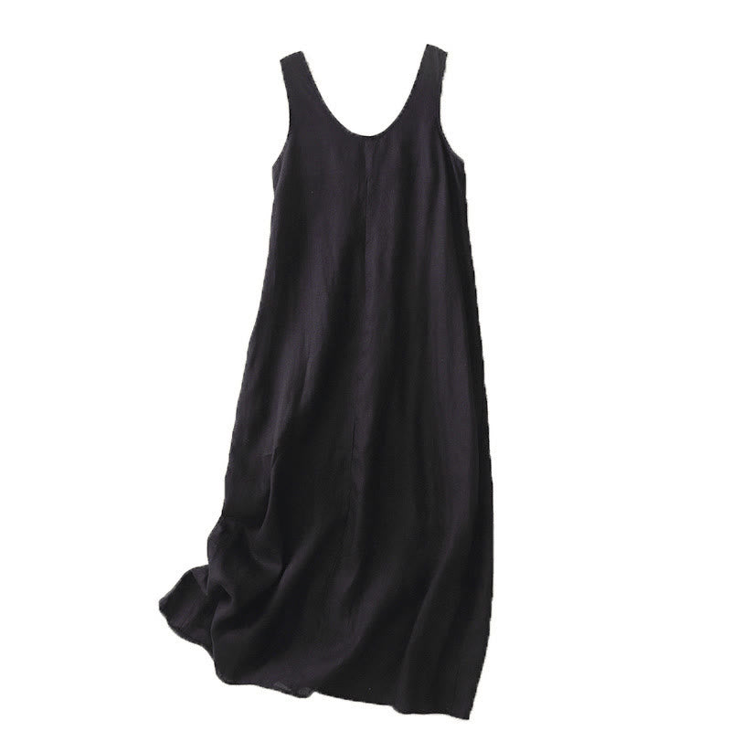 Summer Daily Casual Pure Color Crew Neck Simple Design Sleeveless Midi Dress