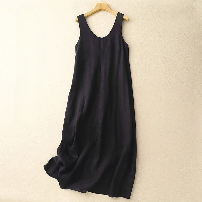 Summer Daily Casual Pure Color Crew Neck Simple Design Sleeveless Midi Dress