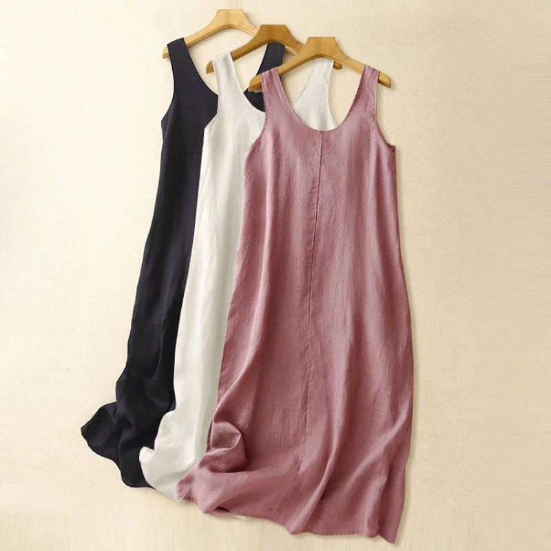 Summer Daily Casual Pure Color Crew Neck Simple Design Sleeveless Midi Dress