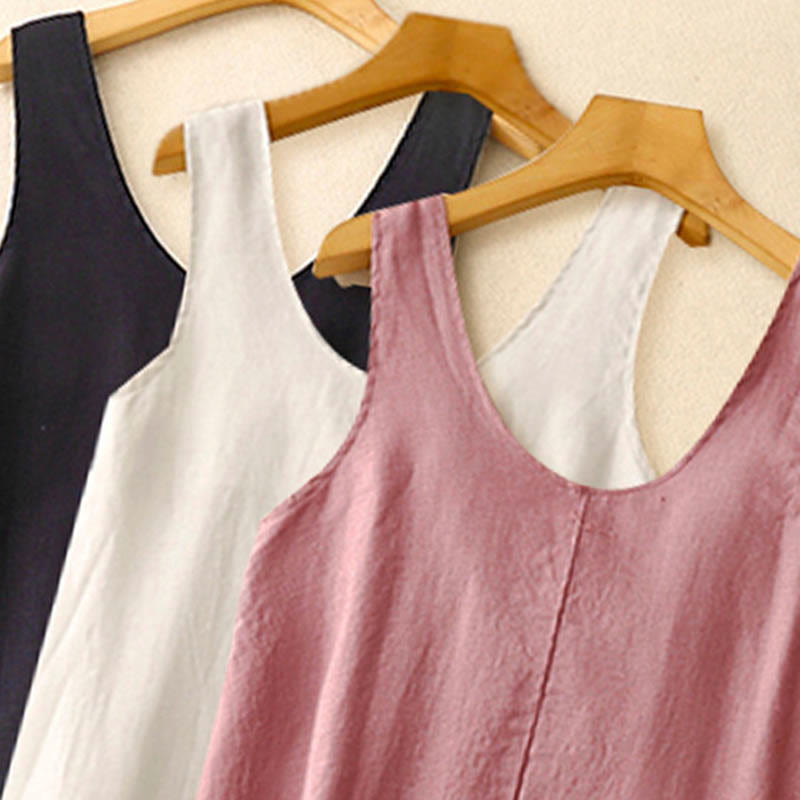 Summer Daily Casual Pure Color Crew Neck Simple Design Sleeveless Midi Dress