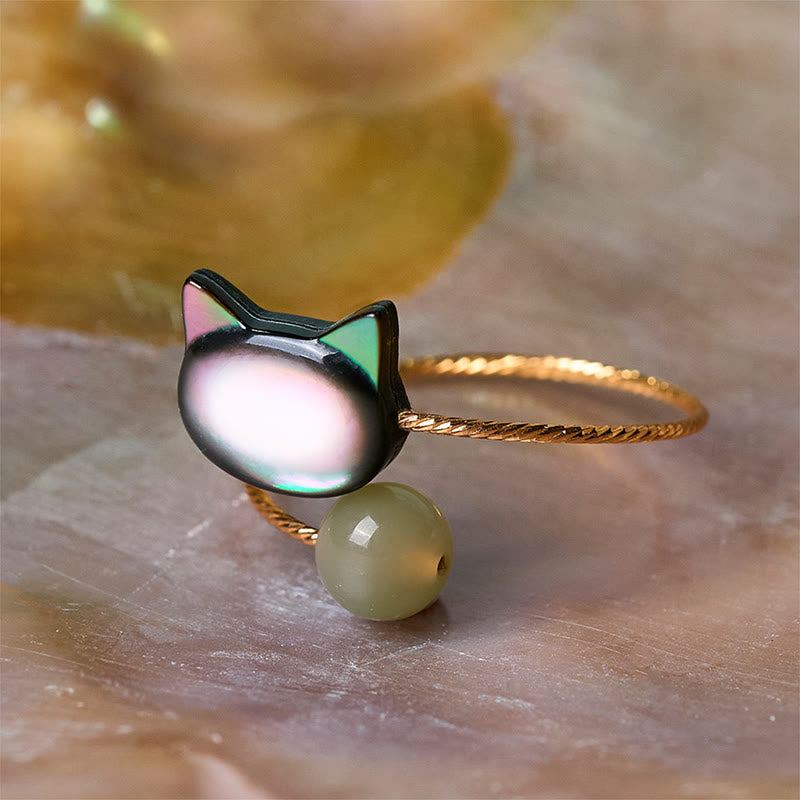 Adjustable Black Tridacna and Jade Carved Cat Blessing Ring