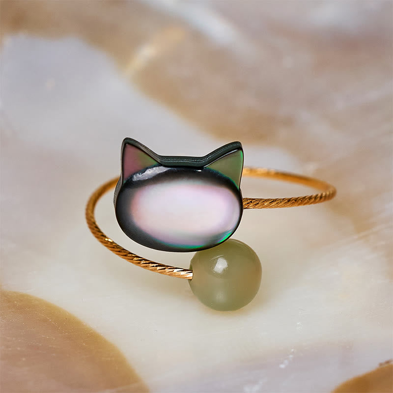 Adjustable Black Tridacna and Jade Carved Cat Blessing Ring