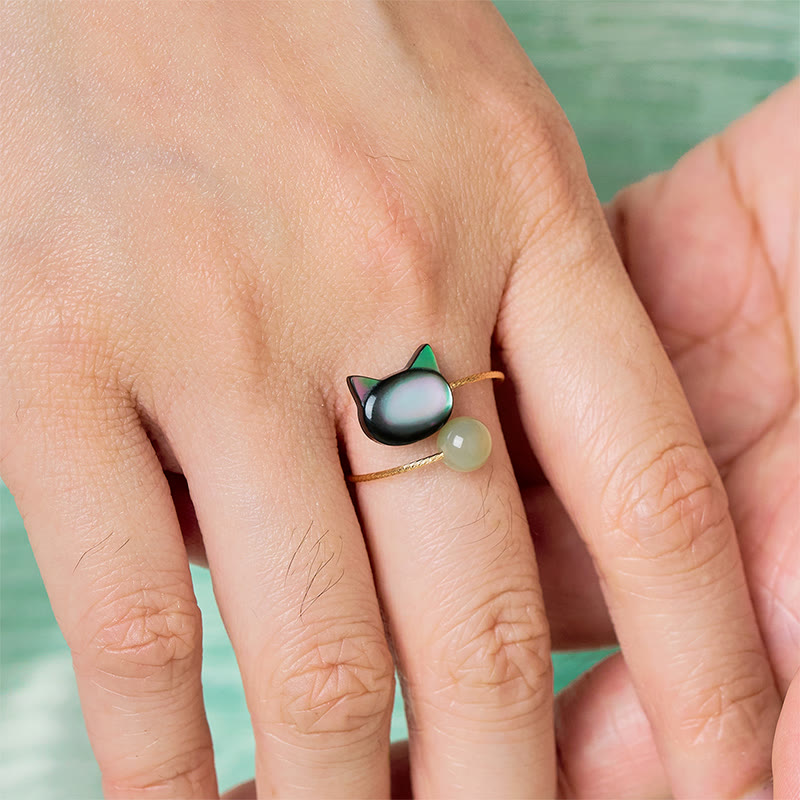 Adjustable Black Tridacna and Jade Carved Cat Blessing Ring