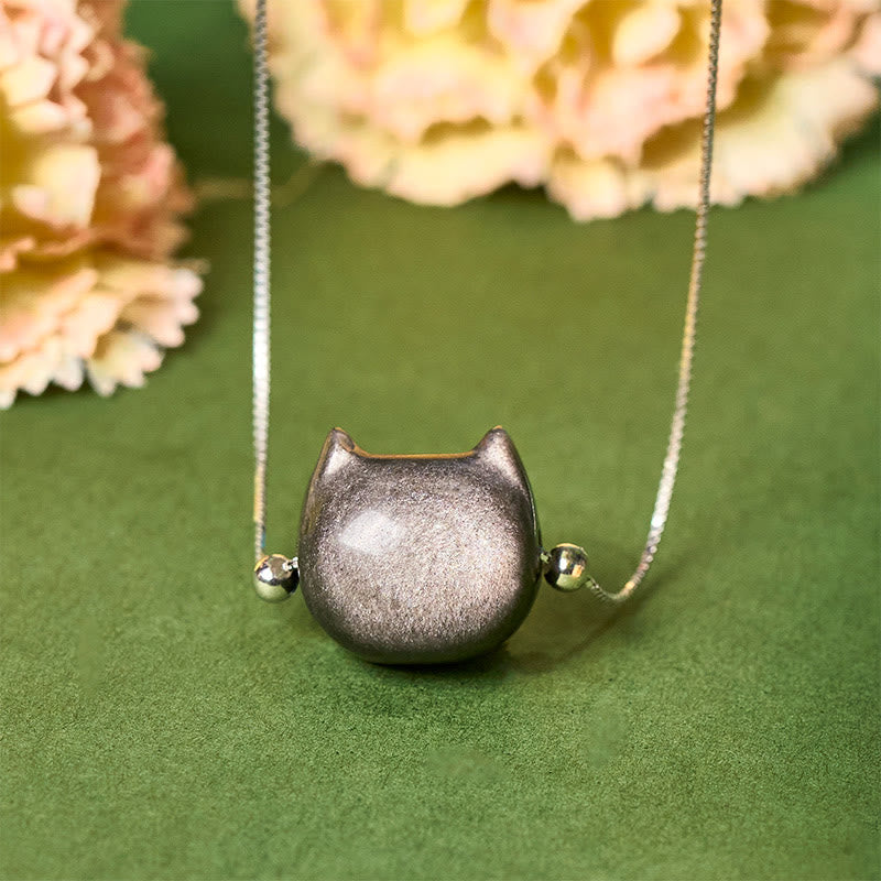925 Sterling Silver Natural Silver Sheen Obsidian Gold Sheen Obsidian Cat Necklace