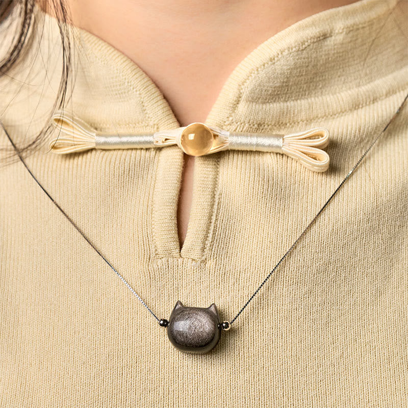 925 Sterling Silver Natural Silver Sheen Obsidian Gold Sheen Obsidian Cat Necklace