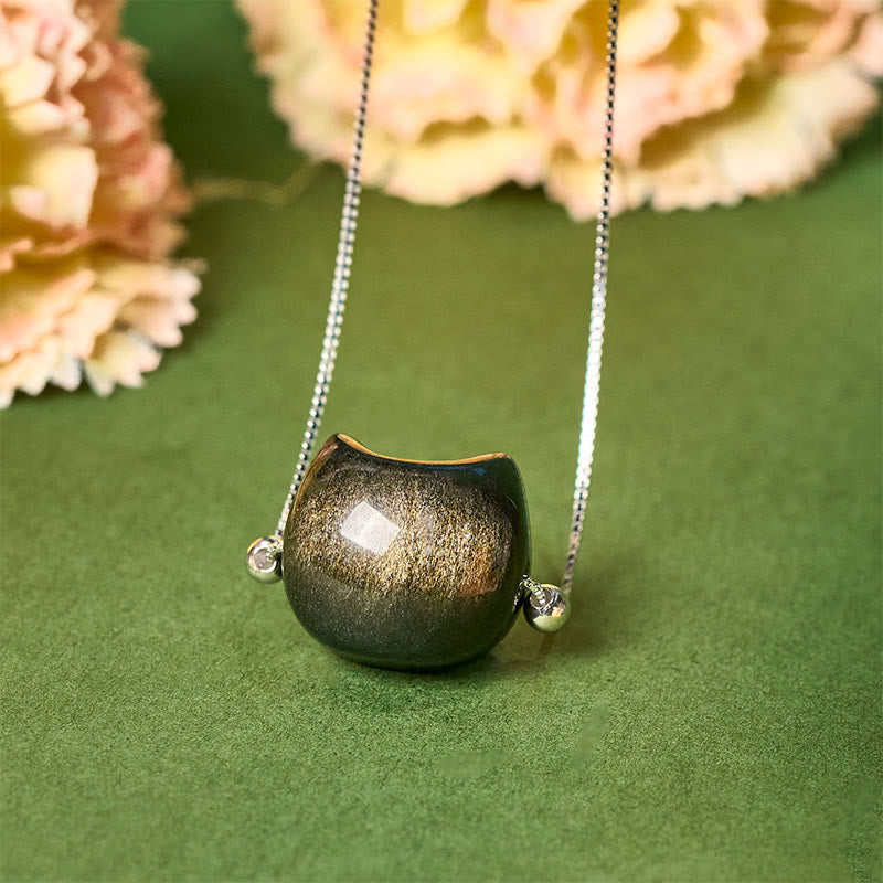 925 Sterling Silver Natural Silver Sheen Obsidian Gold Sheen Obsidian Cat Necklace