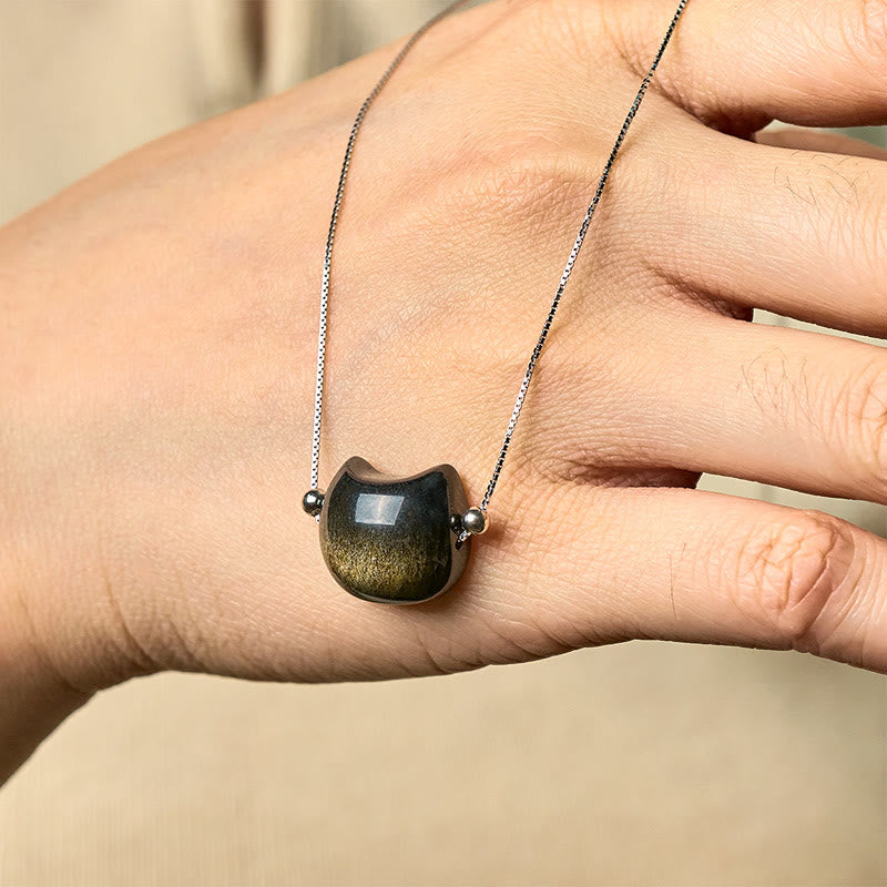 925 Sterling Silver Natural Silver Sheen Obsidian Gold Sheen Obsidian Cat Necklace