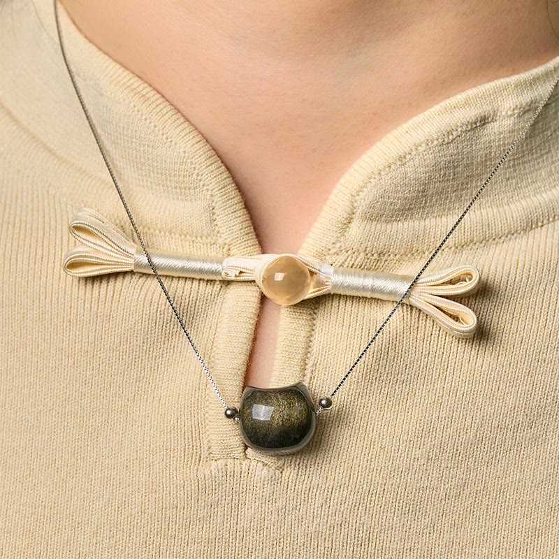 925 Sterling Silver Natural Silver Sheen Obsidian Gold Sheen Obsidian Cat Necklace